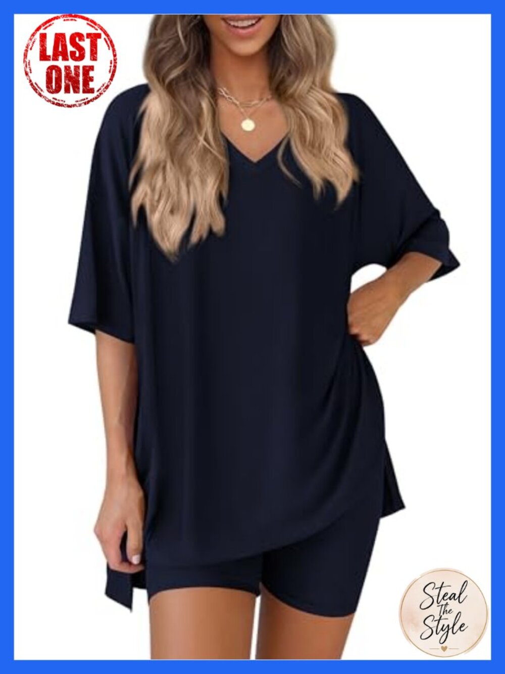 2 Piece Lounge Set V Neck Oversized Tee & Biker Shorts Athletic Outfit